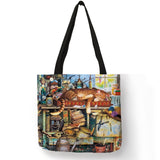 Oil Painting Cat Print Women Tote Bags Linen Reusable Shopping Bag Shoulder Bags for Women 2018 	 sac a main ladies handbags
