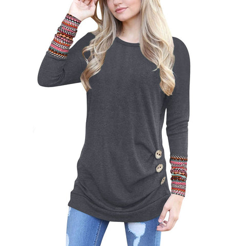 Women Long Sleeve Loose Button Trim Blouse Patchwork Round Neck Tunic T-Shirt