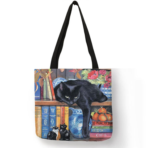 Oil Painting Cat Print Women Tote Bags Linen Reusable Shopping Bag Shoulder Bags for Women 2018 	 sac a main ladies handbags