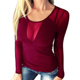 2018 Women Sexy Splice Long Sleeve Tops Mesh Blouse Casual Mesh Top Blouses Solid Slim View Through Ladies Shirt Pullover