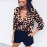 2018 Fashion Womens Leopard V Neck Elegant Tops Bodycon Low-cut Long Sleeve Blouse sexy Hot Autumn Shirt blusas mujer de moda