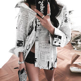 LANMREM 2019 New Fashion Black White Letter Printed Loose Casual Turn Down Collar Long Sleeve Shirt Female's Blouse YE187