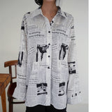 LANMREM 2019 New Fashion Black White Letter Printed Loose Casual Turn Down Collar Long Sleeve Shirt Female's Blouse YE187